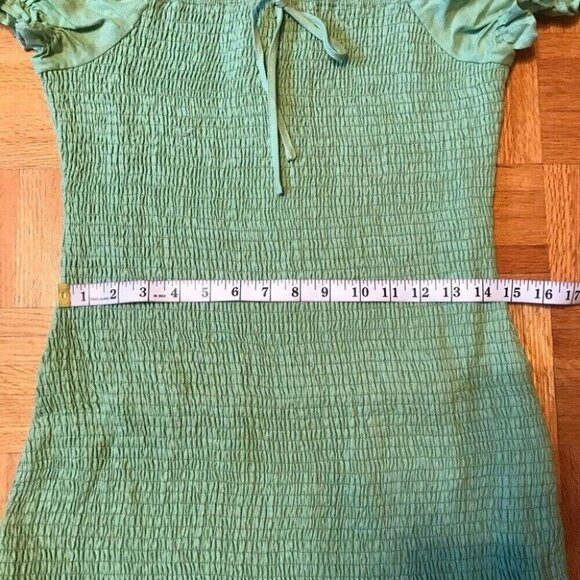English Factory Green Smocked Mini Dress L Puff Sleeve Ruffle Hem Western Boho - Picture 9 of 12